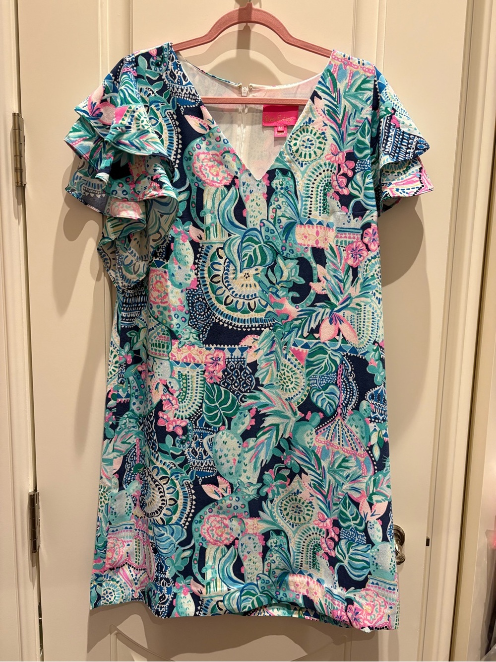 Lilly Pulitzer Navy Floral V-Neck Midi Dress with Pink & Mint Accents